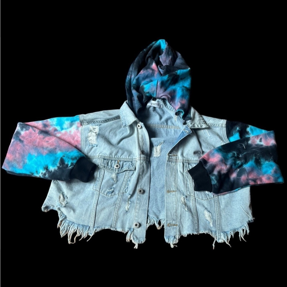 Graffiti Jean jacket cropped with detachable hood